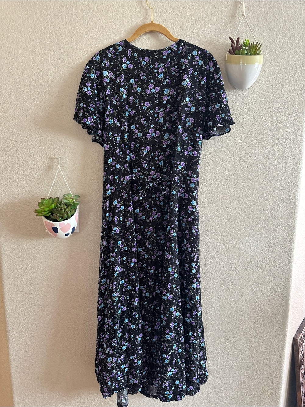 Vintage 90s Floral Flutter Sleeve Tie Waist Midi Rayon Dress 14 XL Large - Picture 7 of 8